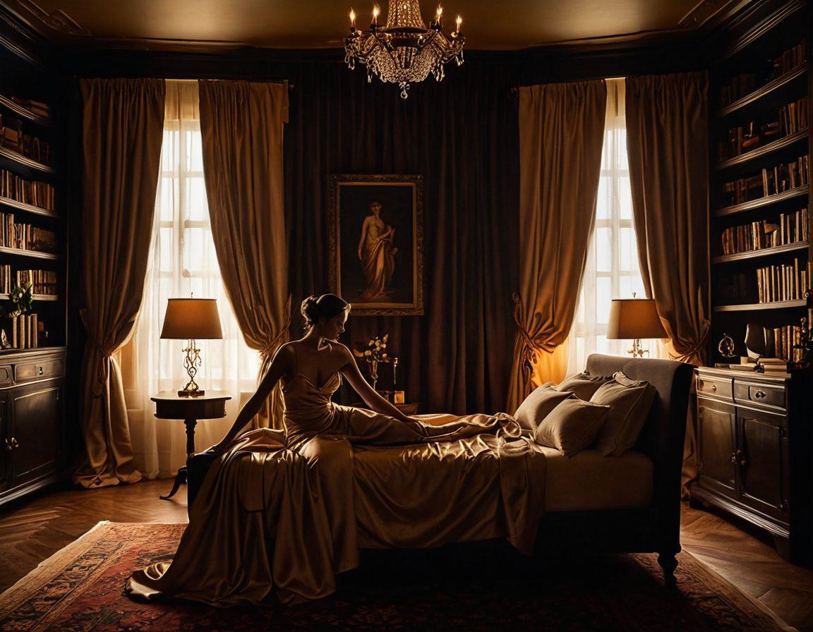 A sultry and alluring scene featuring a dimly lit room with sensual silhouettes, elegantly draped curtains, and soft, ambient lighting casting warm shadows. A vintage bookshelf filled with enticing erotic novels is seen in the background, while plush textures invite intimacy. An open book with suggestive illustrations rests on a silk bedspread, inviting exploration and passion. soft focus, warm tones, moody lighting, artistic glamour.