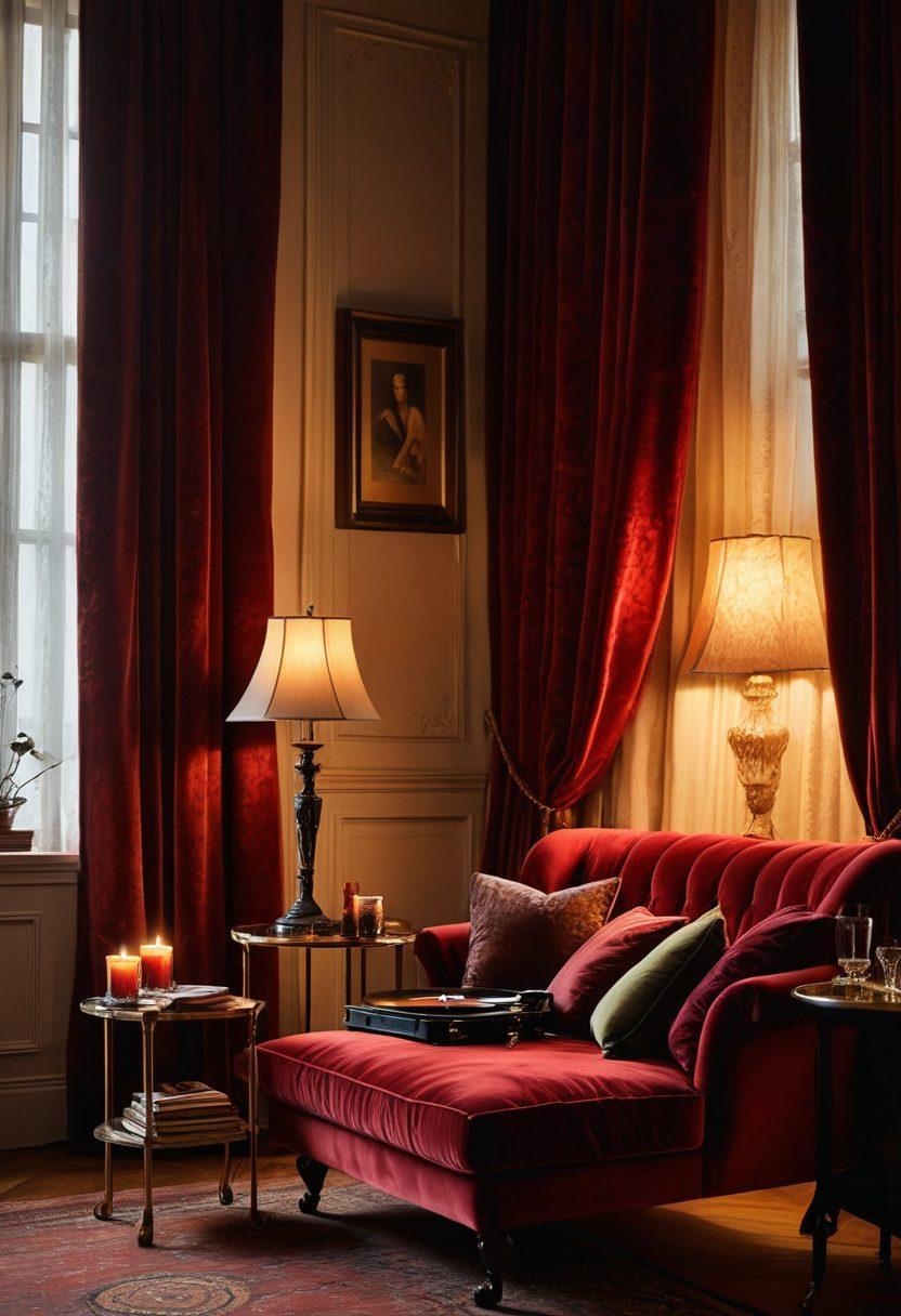 A seductive, dimly-lit room adorned with soft, velvet curtains and flickering candles, featuring silhouettes of alluring figures in the background. In the foreground, a vintage record player spins a vinyl, with an open book and a glass of red wine on a plush chaise lounge, creating an inviting atmosphere of intrigue and allure. The scene should evoke a sense of mystery and sophistication. super-realistic. rich colors. dramatic lighting.