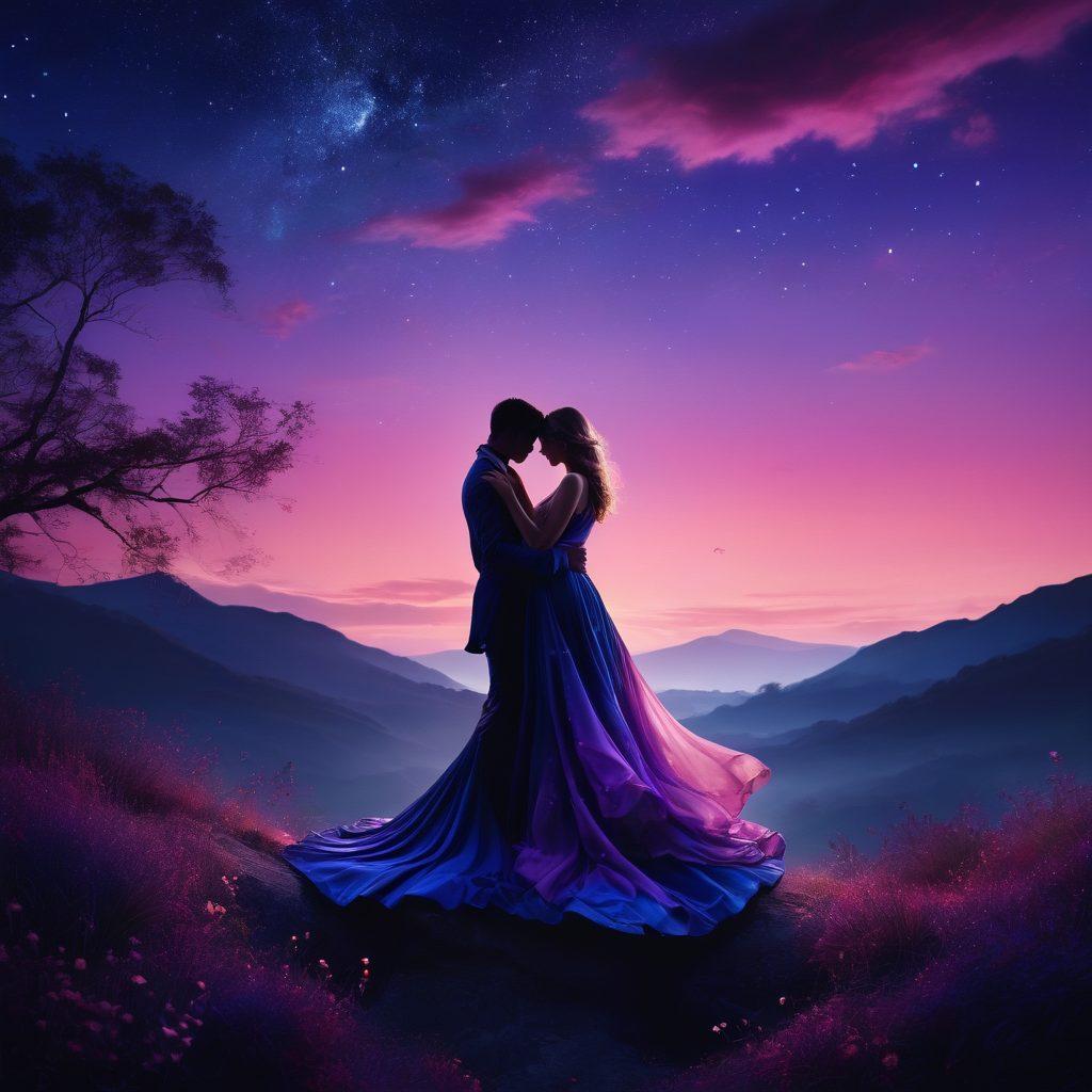 A dreamlike landscape filled with whimsical elements that embody sensuality, featuring silhouettes of couples entwined in intimate poses under a starry night sky. Add soft, shimmering lights that highlight the contours of their bodies, surrounded by flowing fabrics and abstract shapes representing fantasies. Incorporate lush, vibrant colors and ethereal touches to evoke a sense of allure and romance. surrealistic. vibrant colors. dreamy background.
